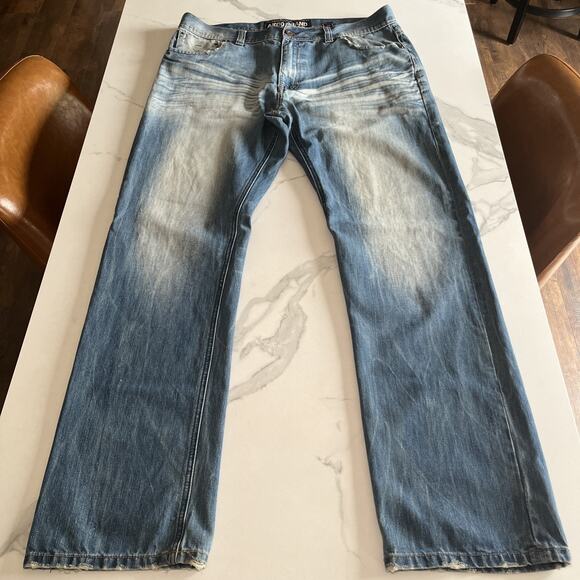 AKOO Brand Jeans Light Wash Distressed Straight Leg Denim Mens Sz 38 Streetwear - Picture 1 of 14